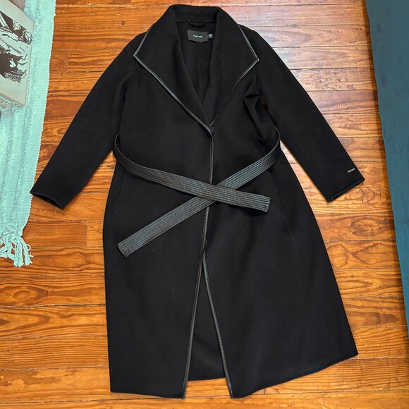 Tahari Faux Leather - Trim Belted Wrap Coat - Black - Women's Size L - Picture 2 of 7